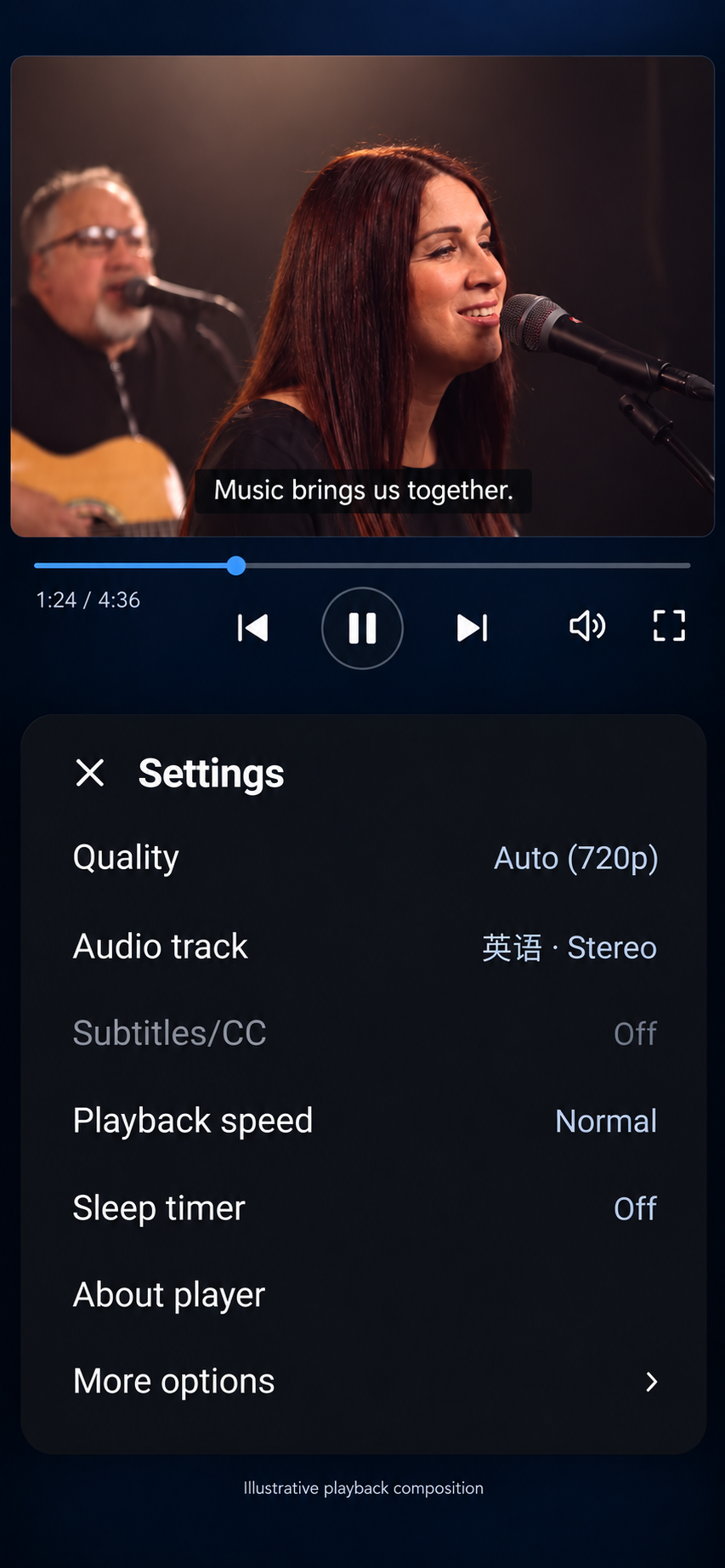 Illustrative playback composition. A supplied video frame and sample subtitle have been added to the player interface.