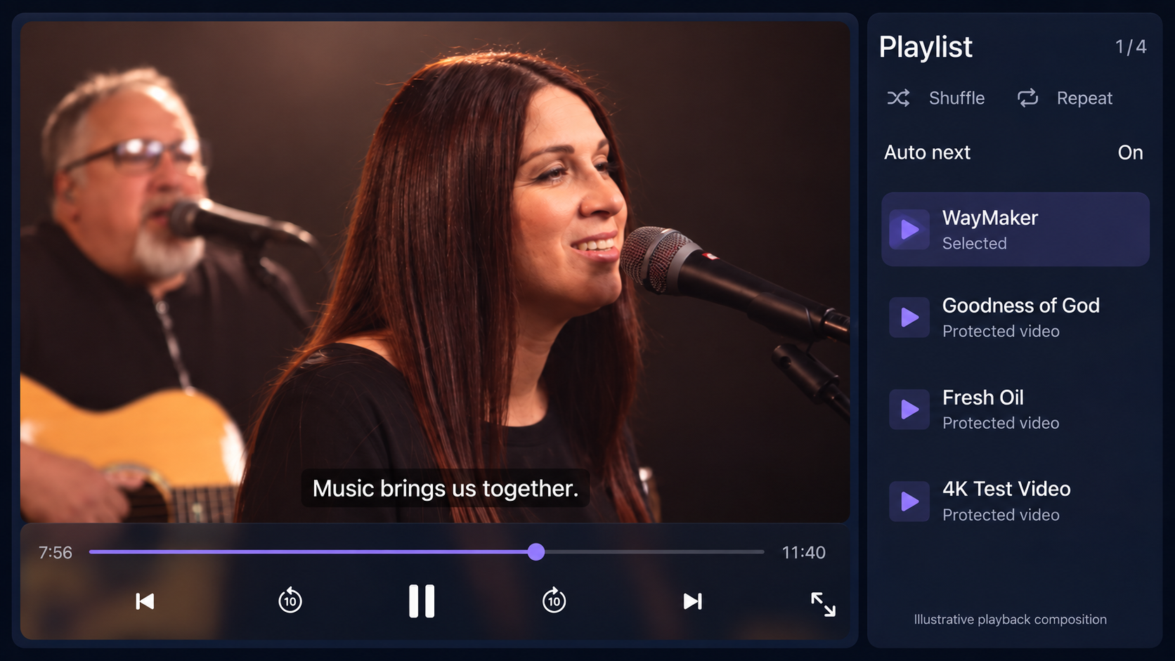 Illustrative playback composition. A supplied video frame and sample subtitle have been added to the player interface.