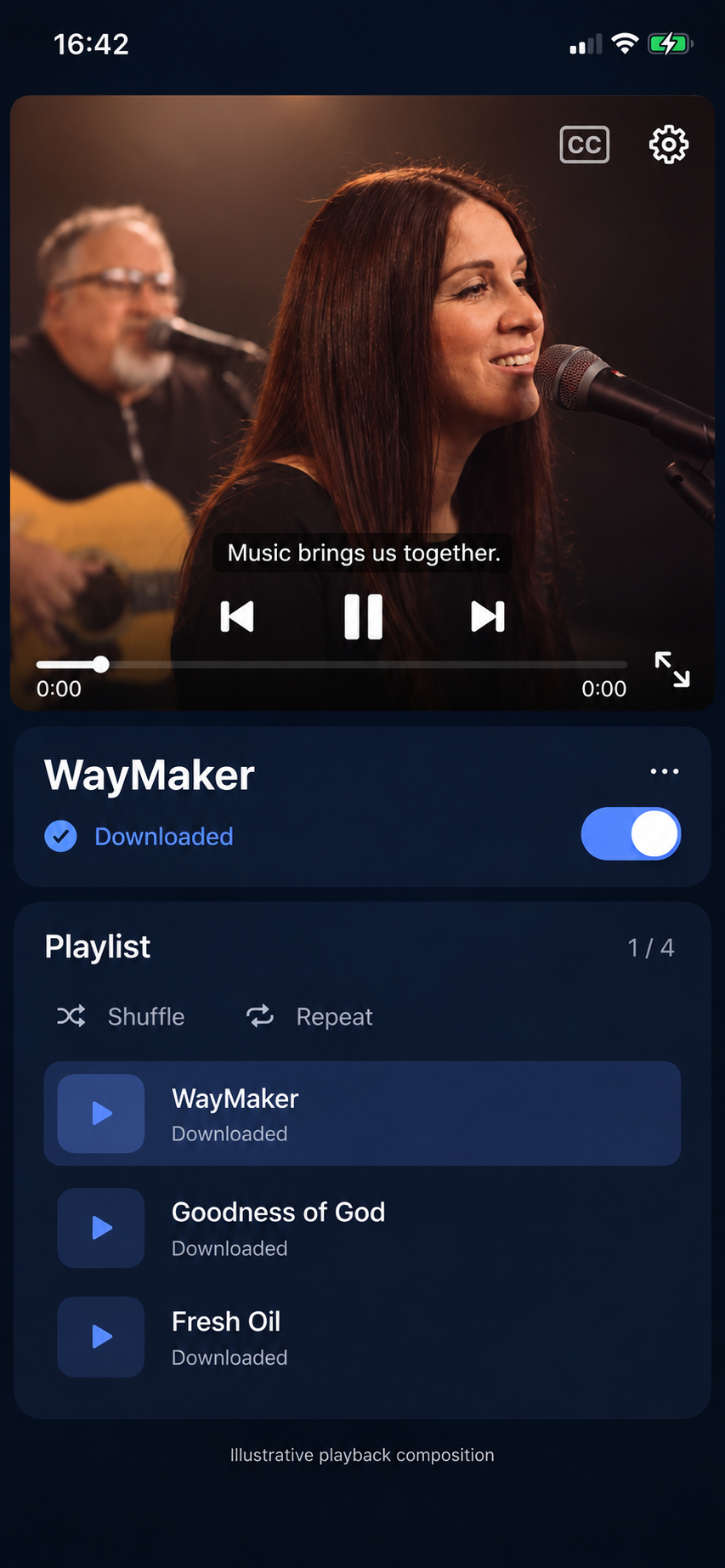 Illustrative playback composition. A supplied video frame and sample subtitle have been added to the player interface.