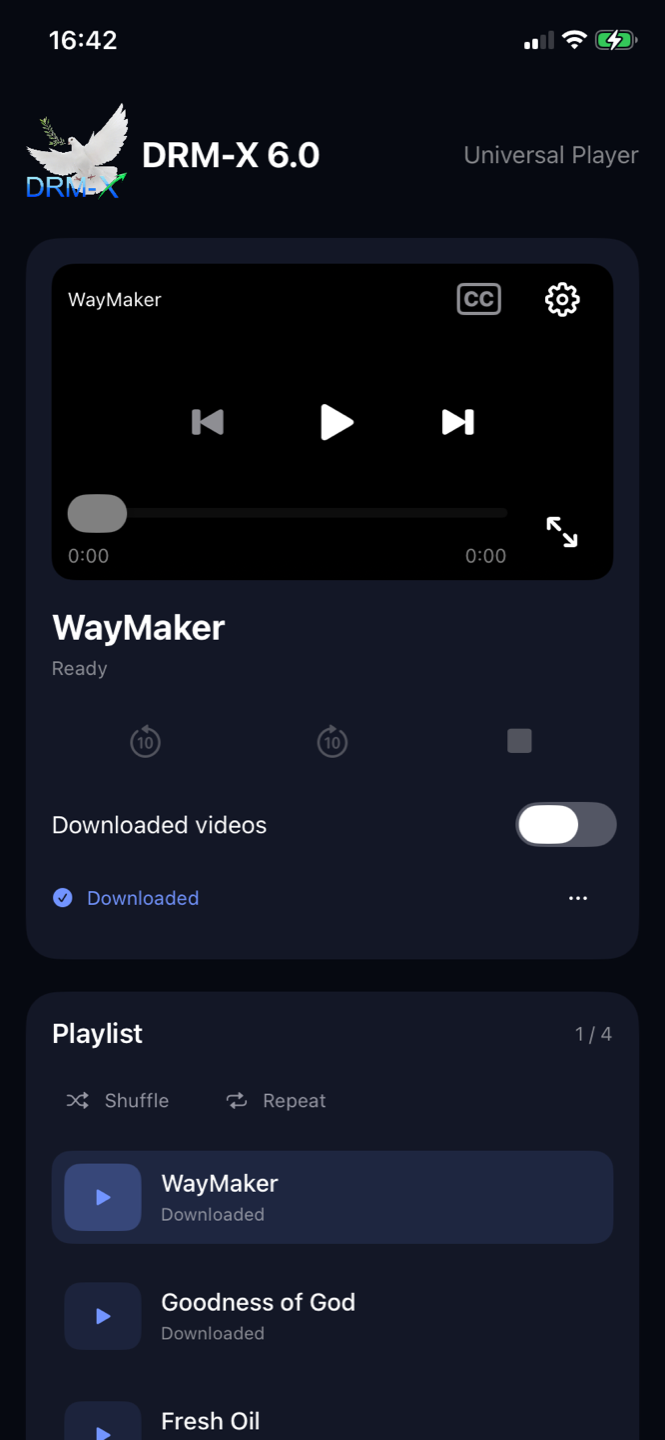 Physical iPhone Universal Player in Ready state with downloaded playlist