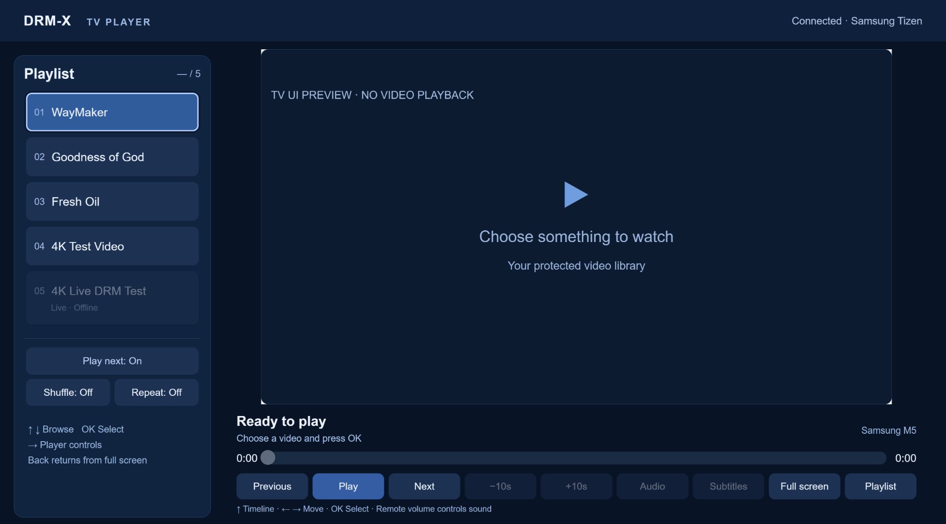 Samsung TV interface desktop preview explicitly labelled no video playback
